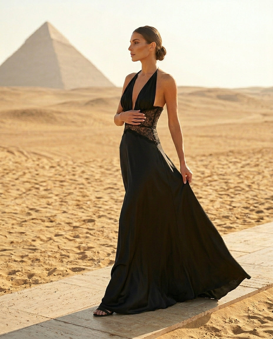 Halter Neck Lace Trimmed Maxi Dress