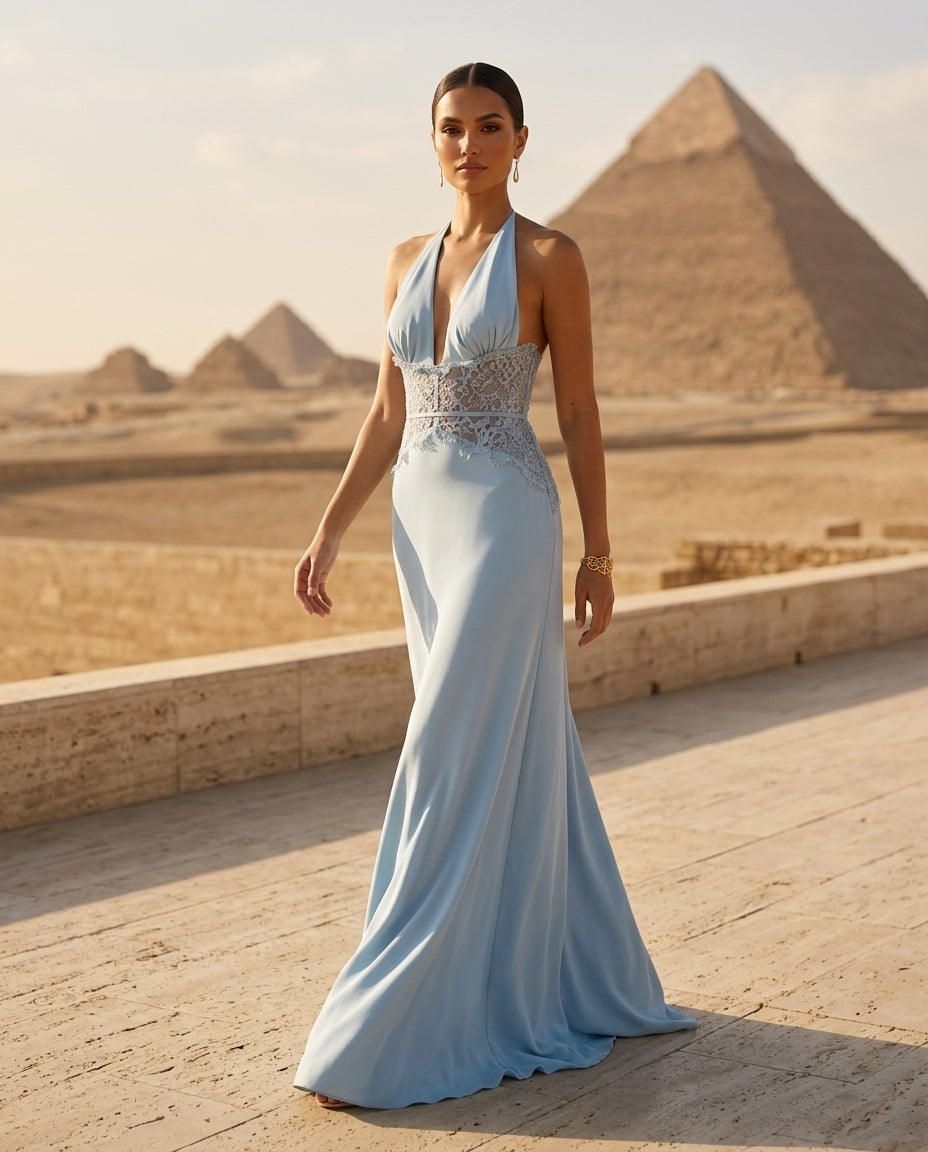 Halter Neck Lace Trimmed Maxi Dress