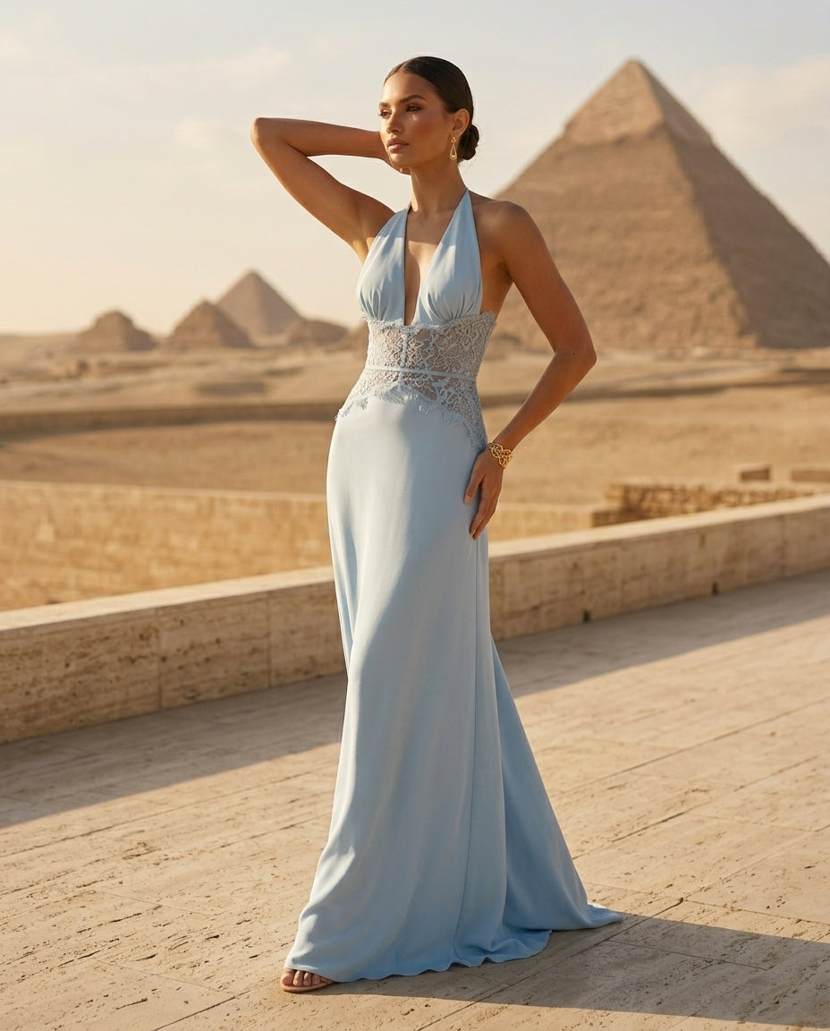 Halter Neck Lace Trimmed Maxi Dress