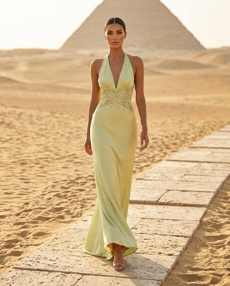 Halter Neck Lace Trimmed Maxi Dress
