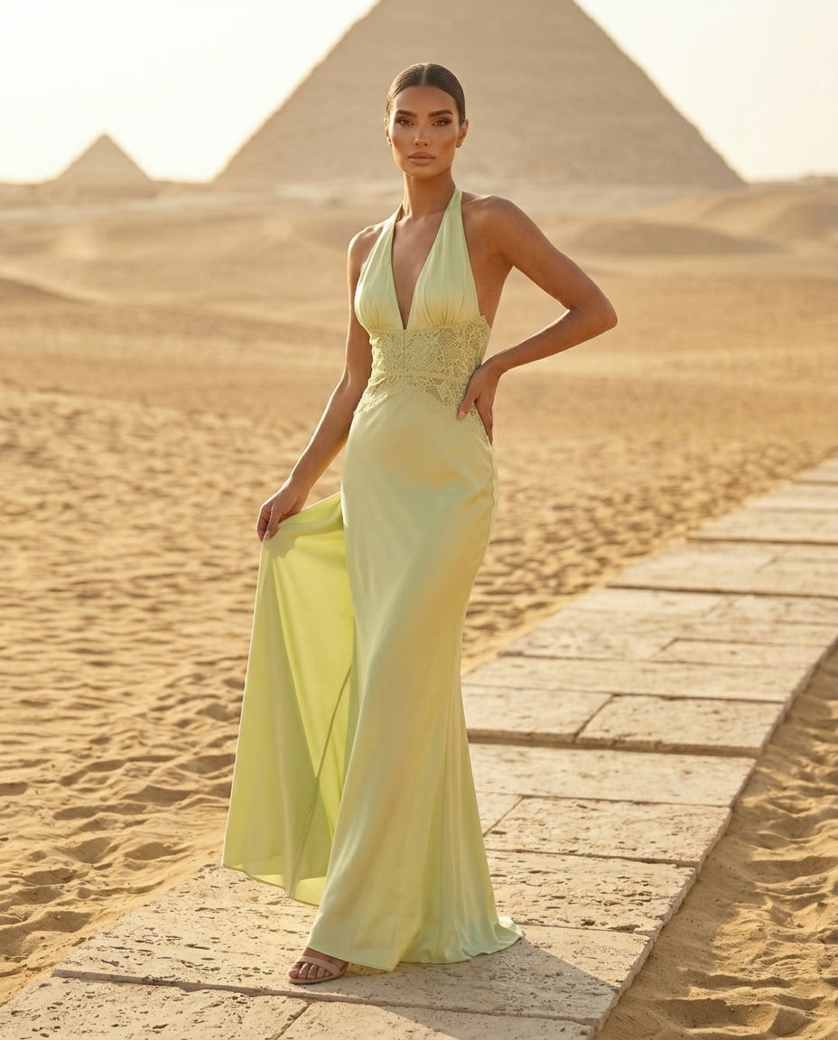 Halter Neck Lace Trimmed Maxi Dress