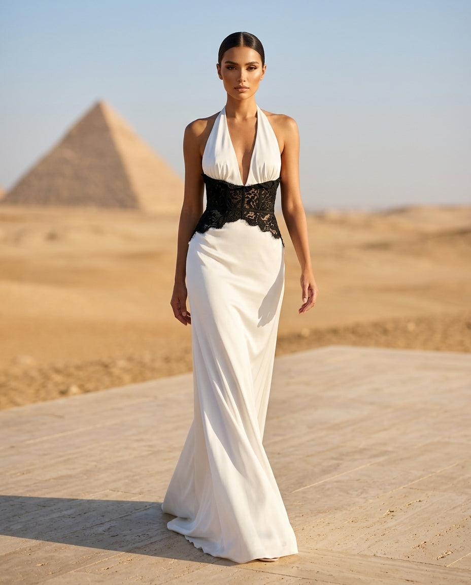 Halter Neck Lace Trimmed Maxi Dress