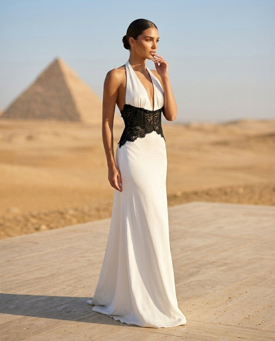Halter Neck Lace Trimmed Maxi Dress