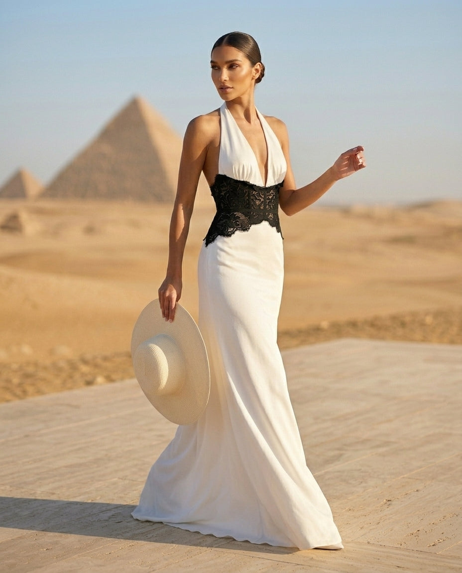 Halter Neck Lace Trimmed Maxi Dress