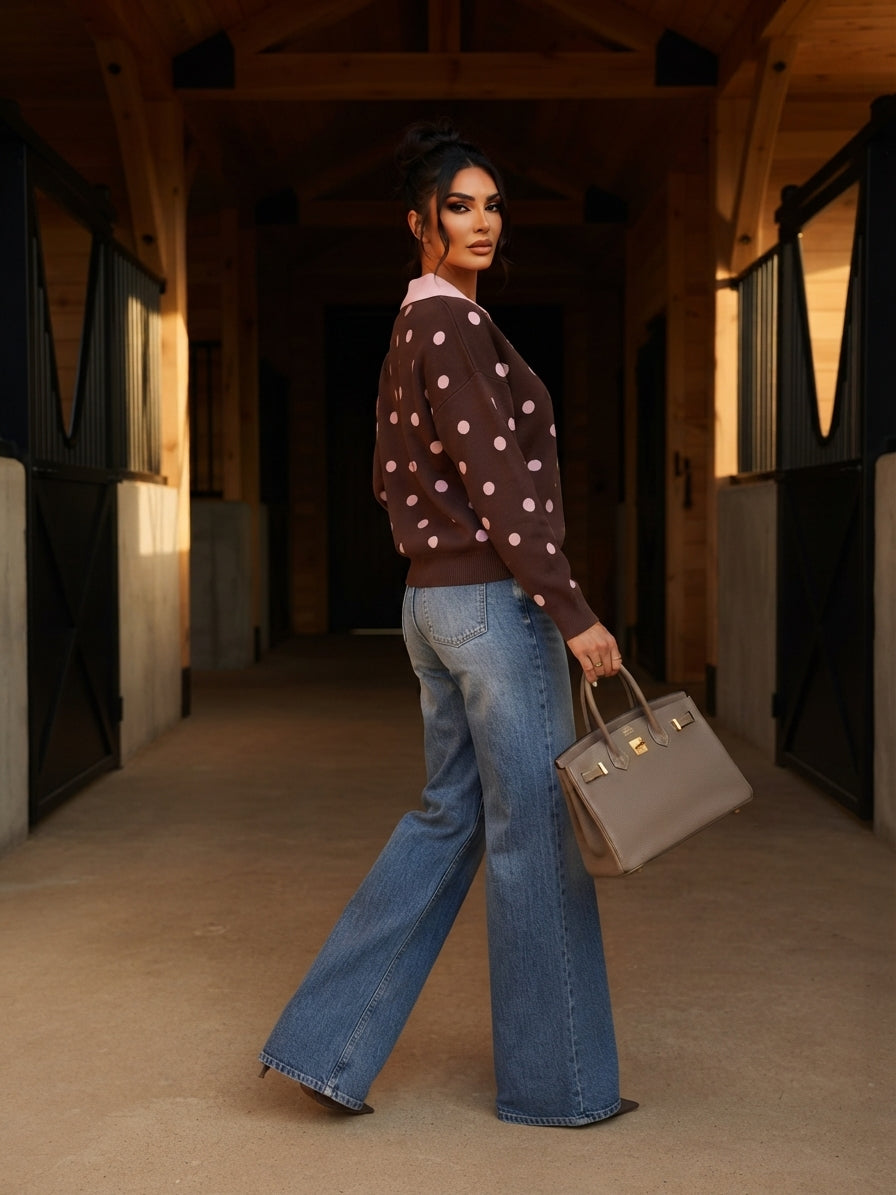 Polka Dot Pattern Color Block Collared Loose Pullover Sweater