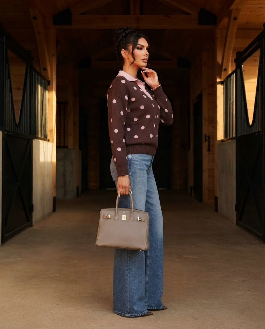 Polka Dot Pattern Color Block Collared Loose Pullover Sweater