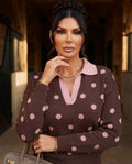 Polka Dot Pattern Color Block Collared Loose Pullover Sweater