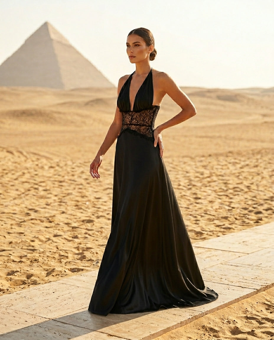 Halter Neck Lace Trimmed Maxi Dress