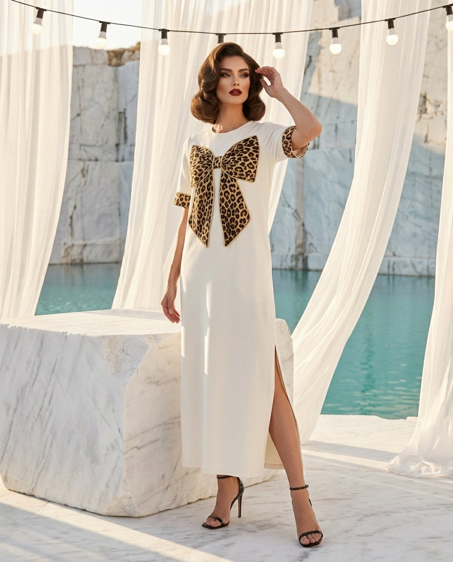 Leopard Bowknot Casual Midi Dress
