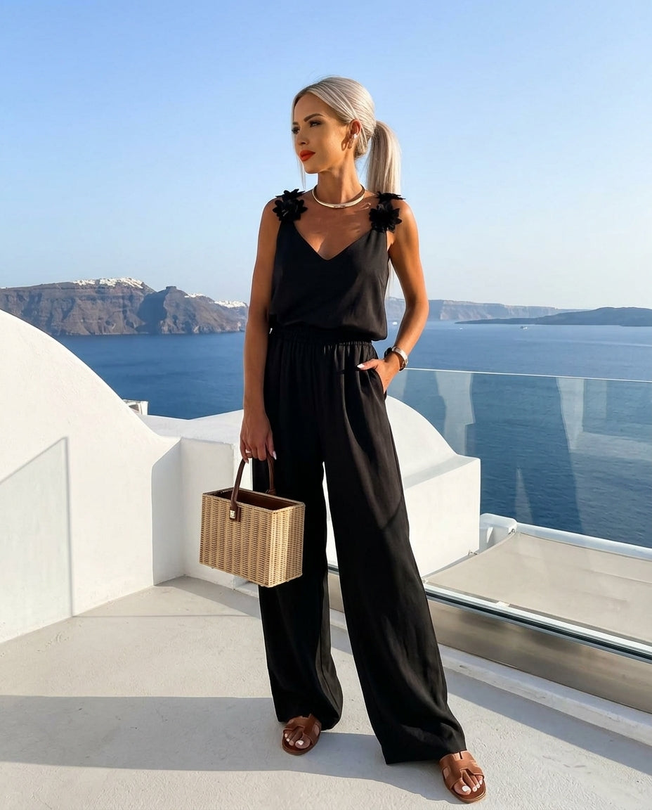 Floral Applique V-Neck Wide Leg Jumpsuit