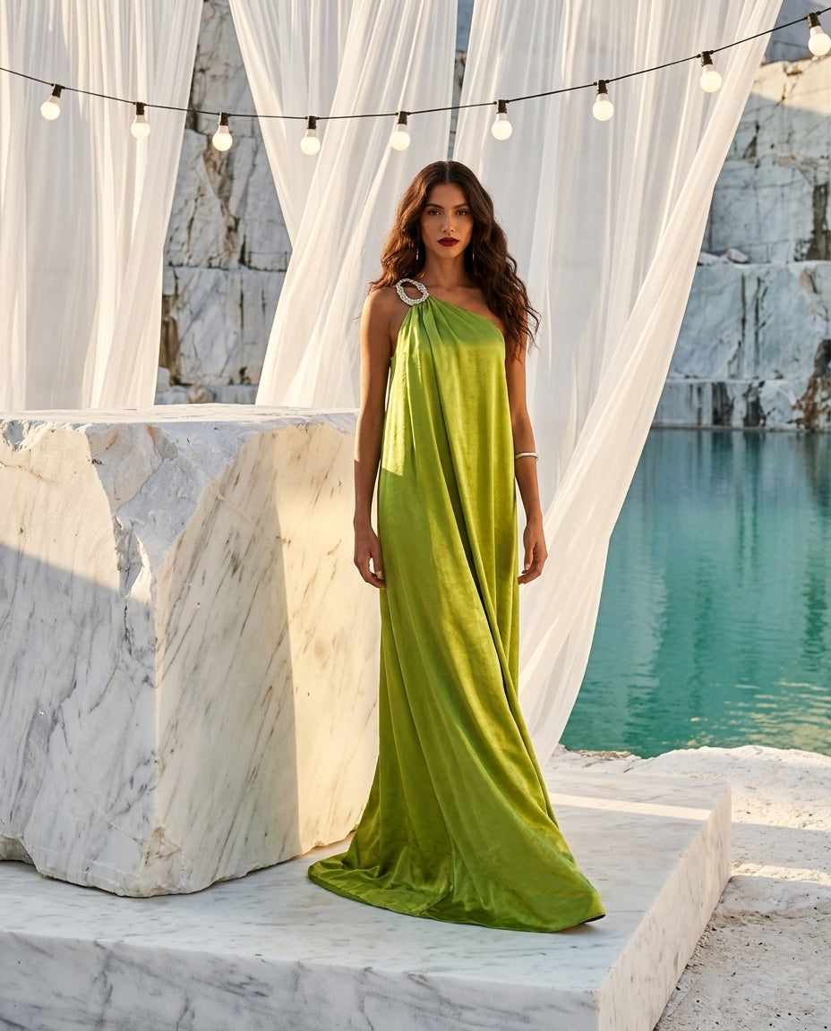 One-Shoulder Rhinestone Satin Maxi Dress
