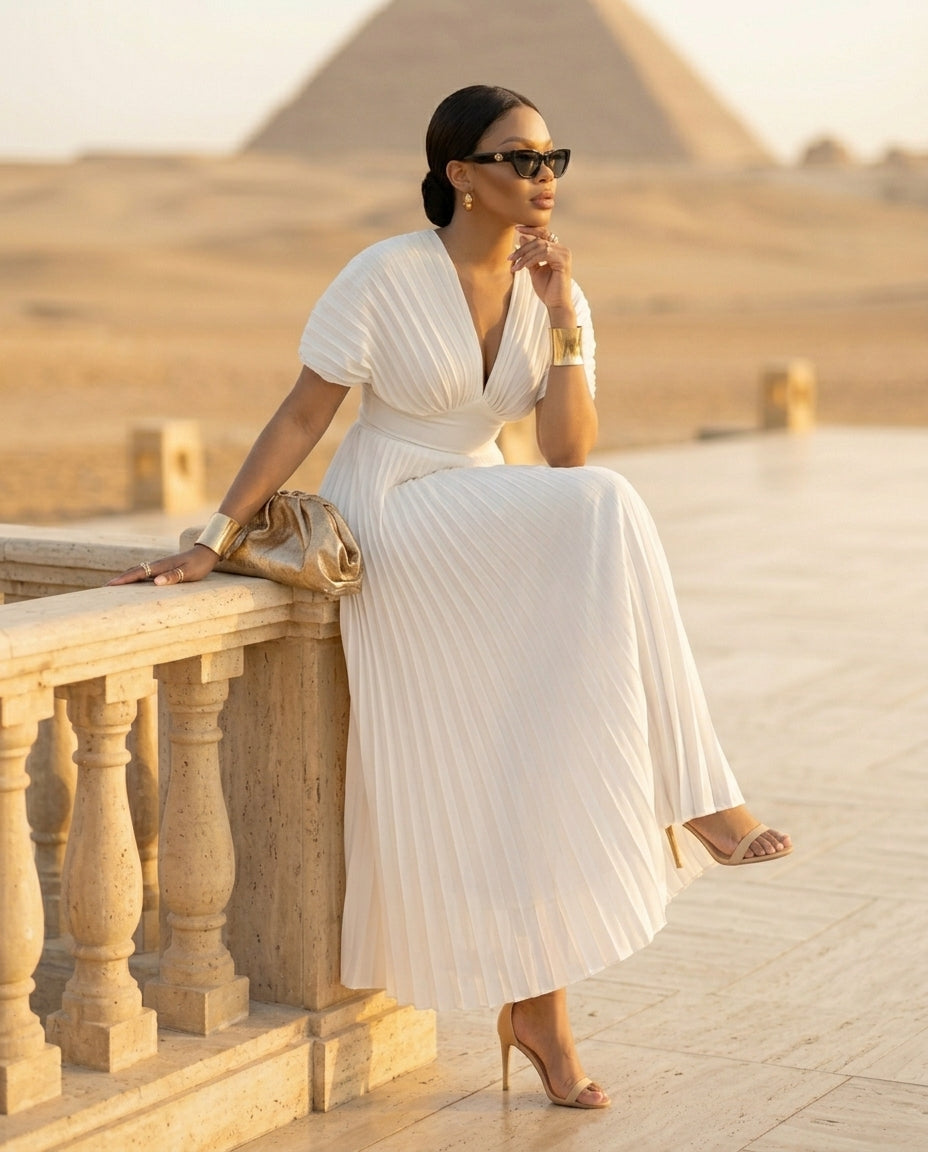Pleated Cap Sleeve Midi Dress