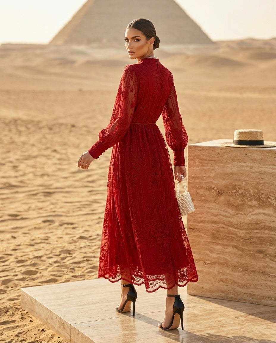 Lace Tie Waist Long Sleeve Dress