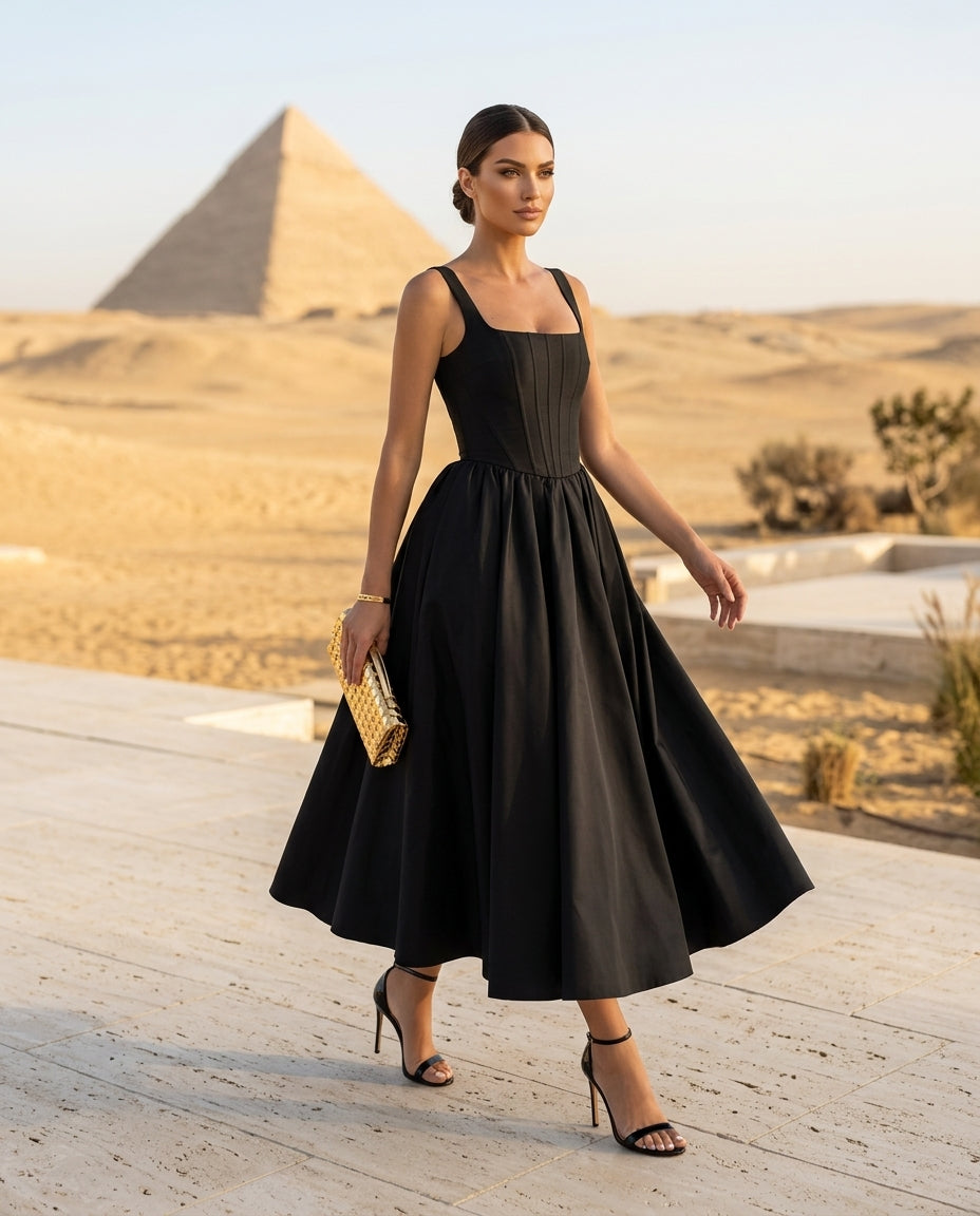 Square Neck A-Line Midi Dress