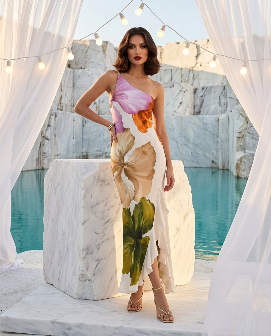Floral Print One-Shoulder Ruffle Hem Maxi Dress