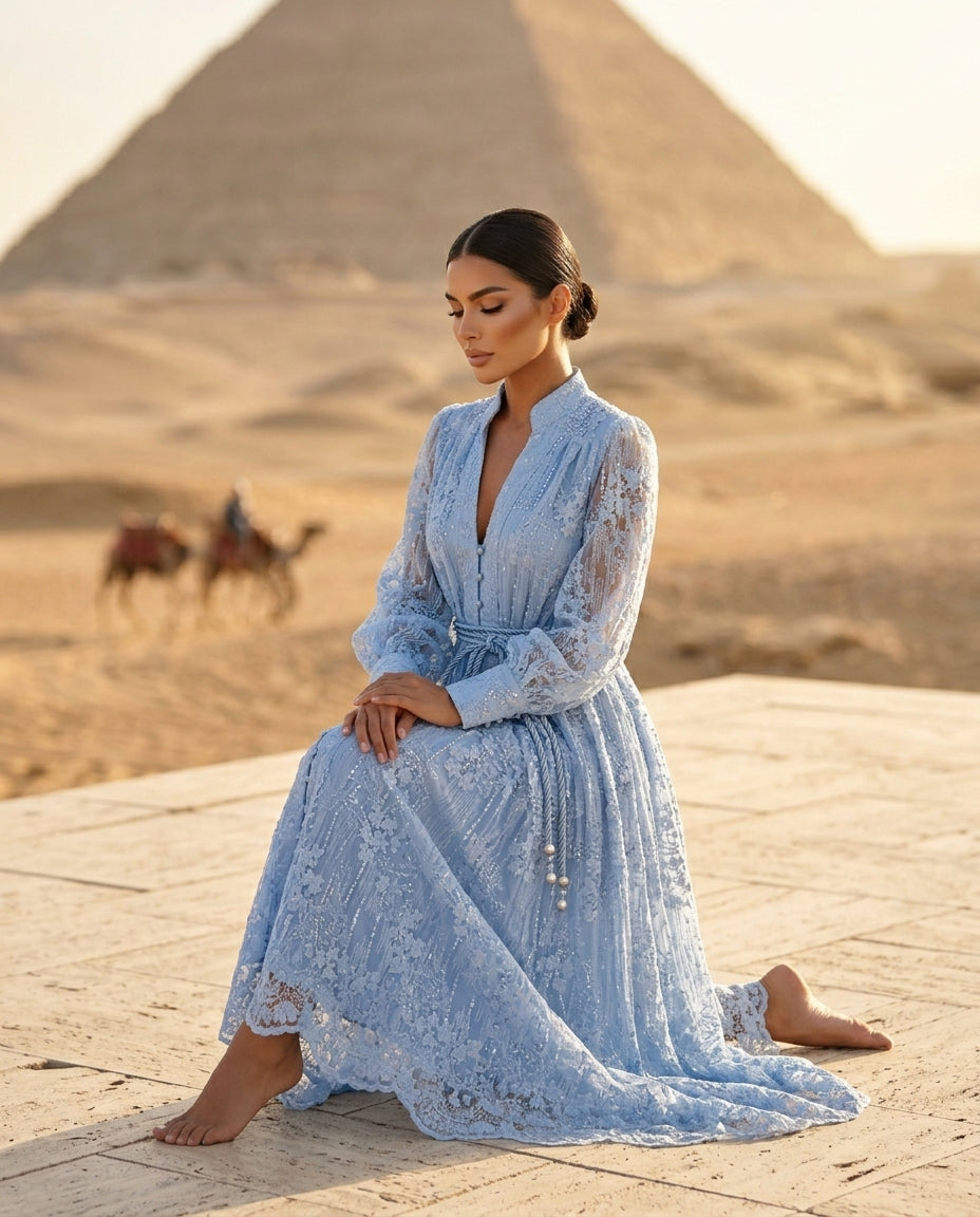 Lace Tie Waist Long Sleeve Dress