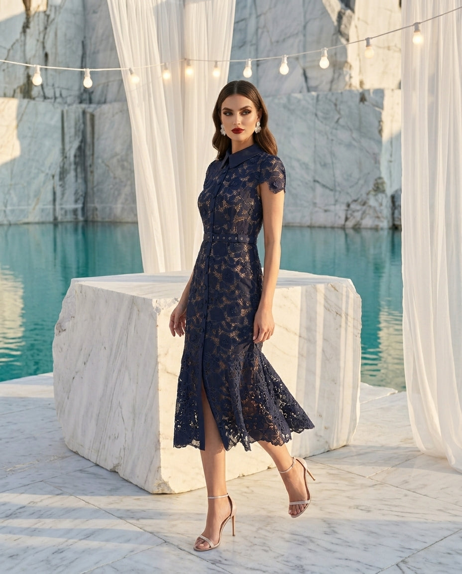 Floral Lace Short Sleeve Midi Dress