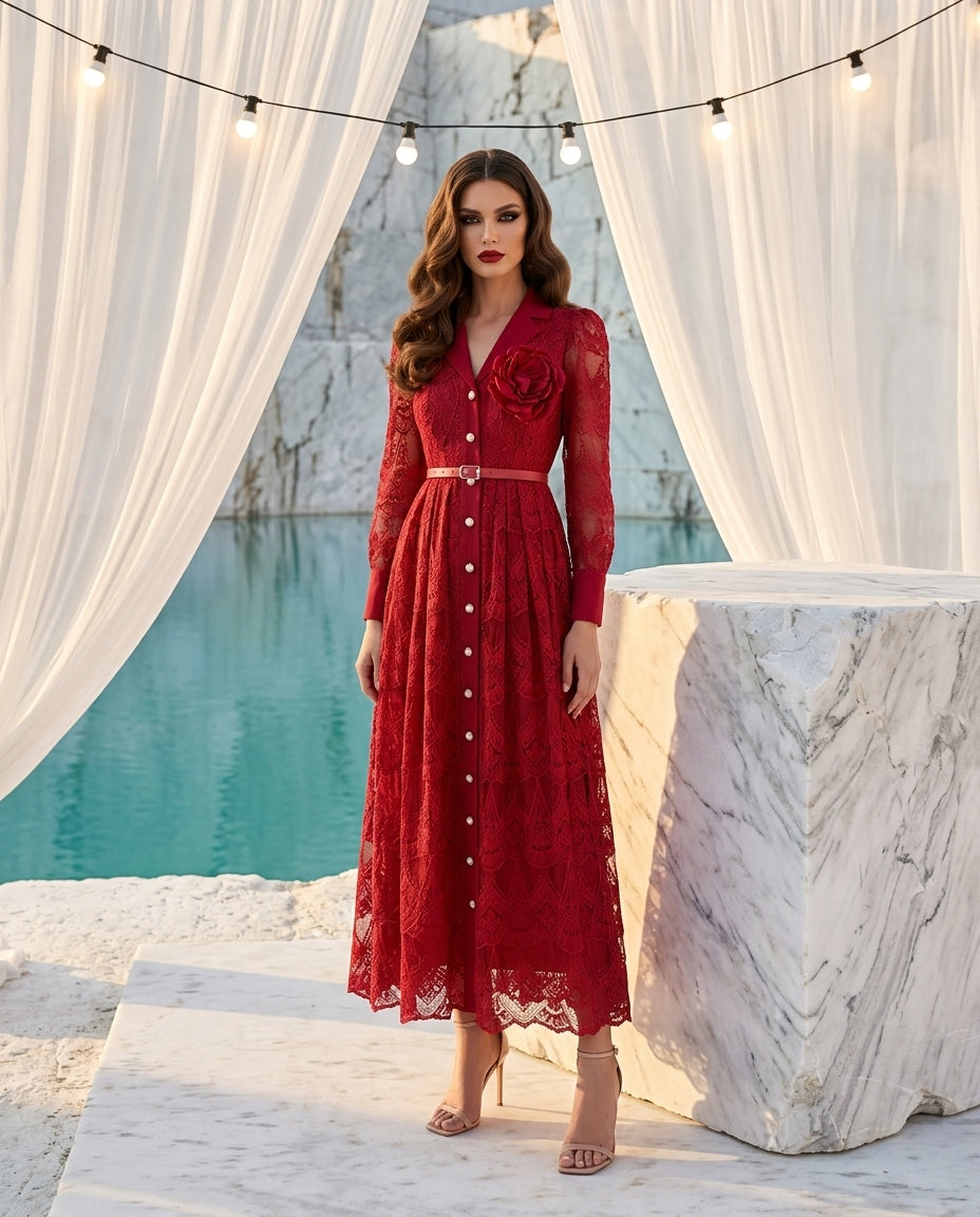 Lace Button Front Midi Dress