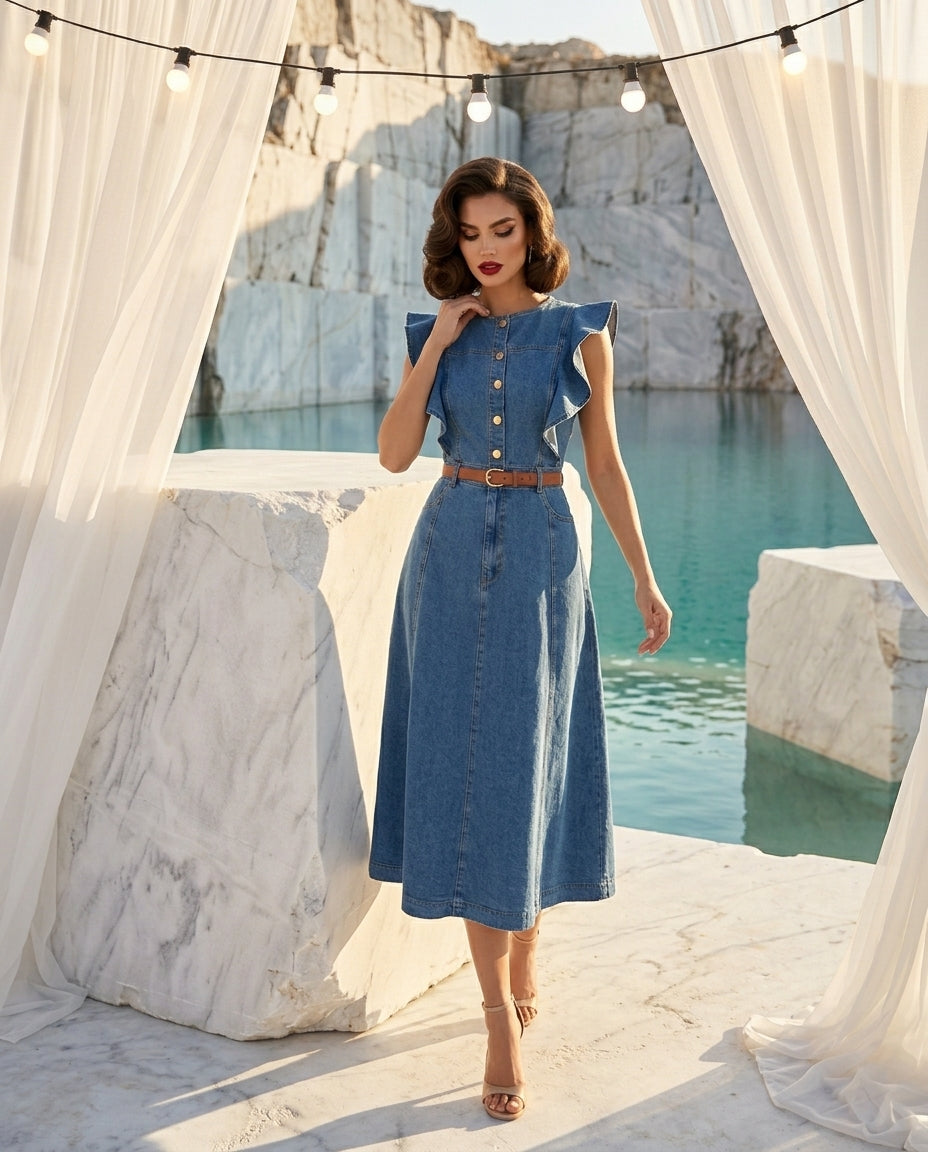 Ruffled Button Front Denim Dress
