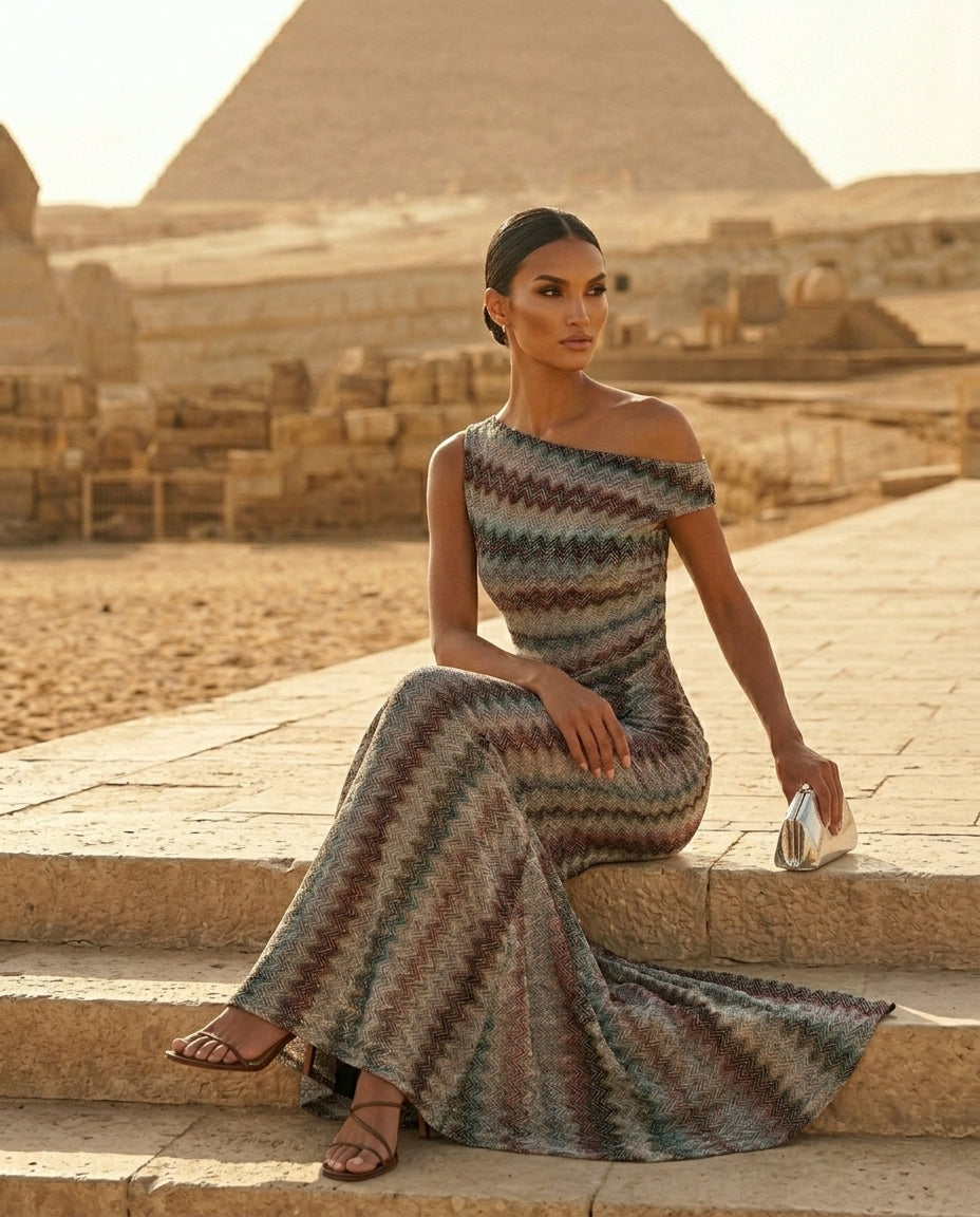 One-Shoulder Zigzag Knit Maxi Dress