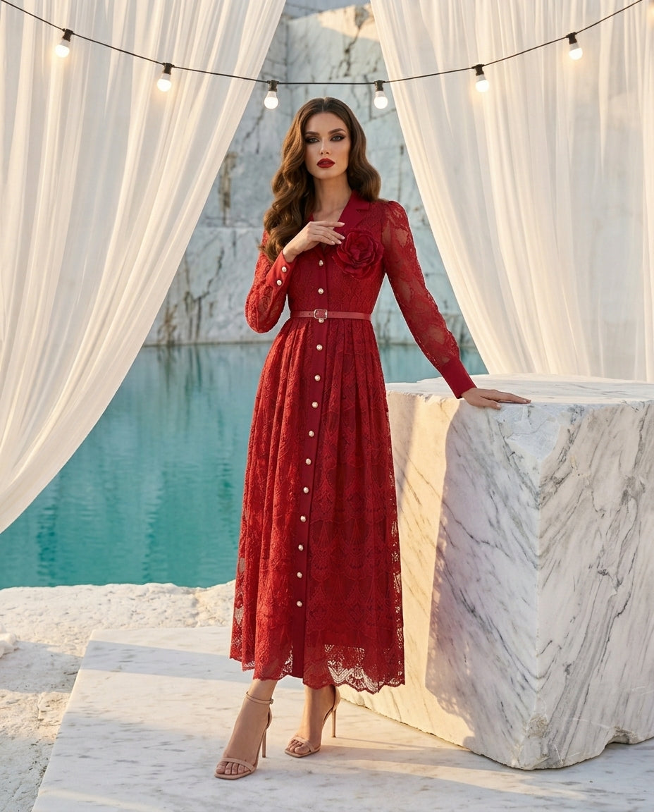 Lace Button Front Midi Dress
