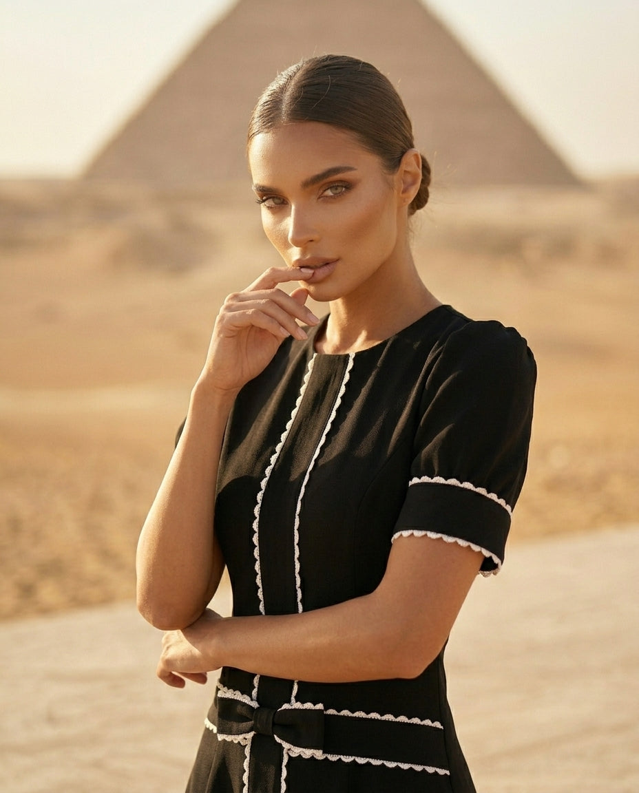 Contrast Scallop Trim Bow Detail Short Sleeve Shift Dress