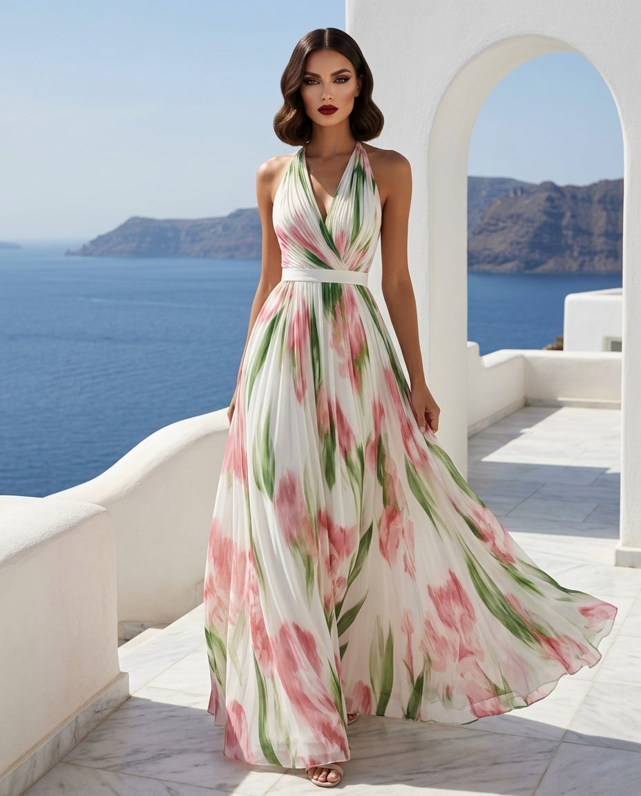 Floral Print Halter Neck Maxi Dress