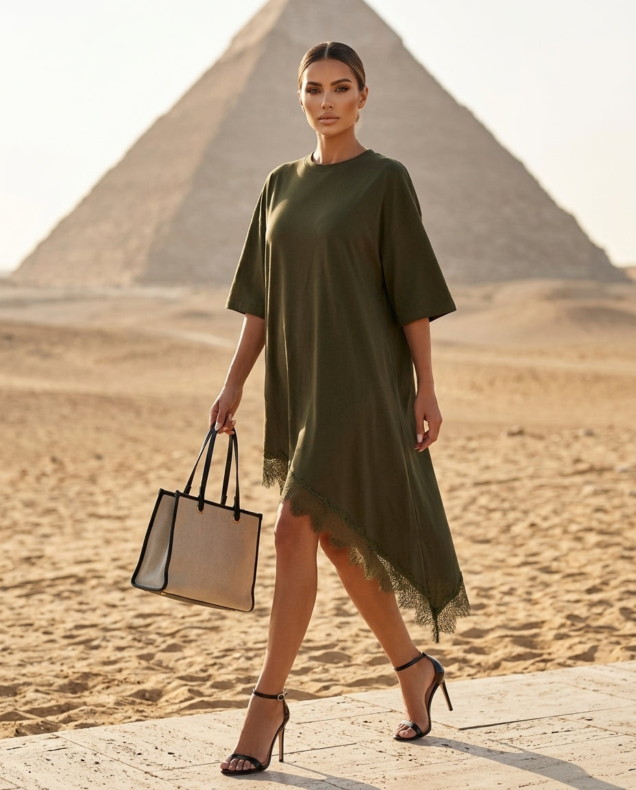 Lace Trim Asymmetrical Hem T-shirt Dress