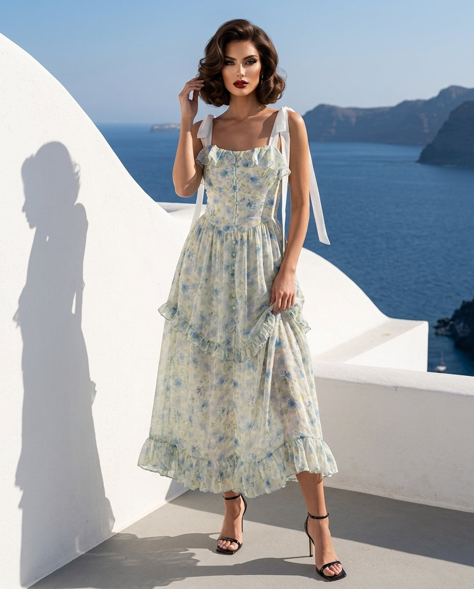 MABLE Floral Printed Shoulder Strap Midi Dress