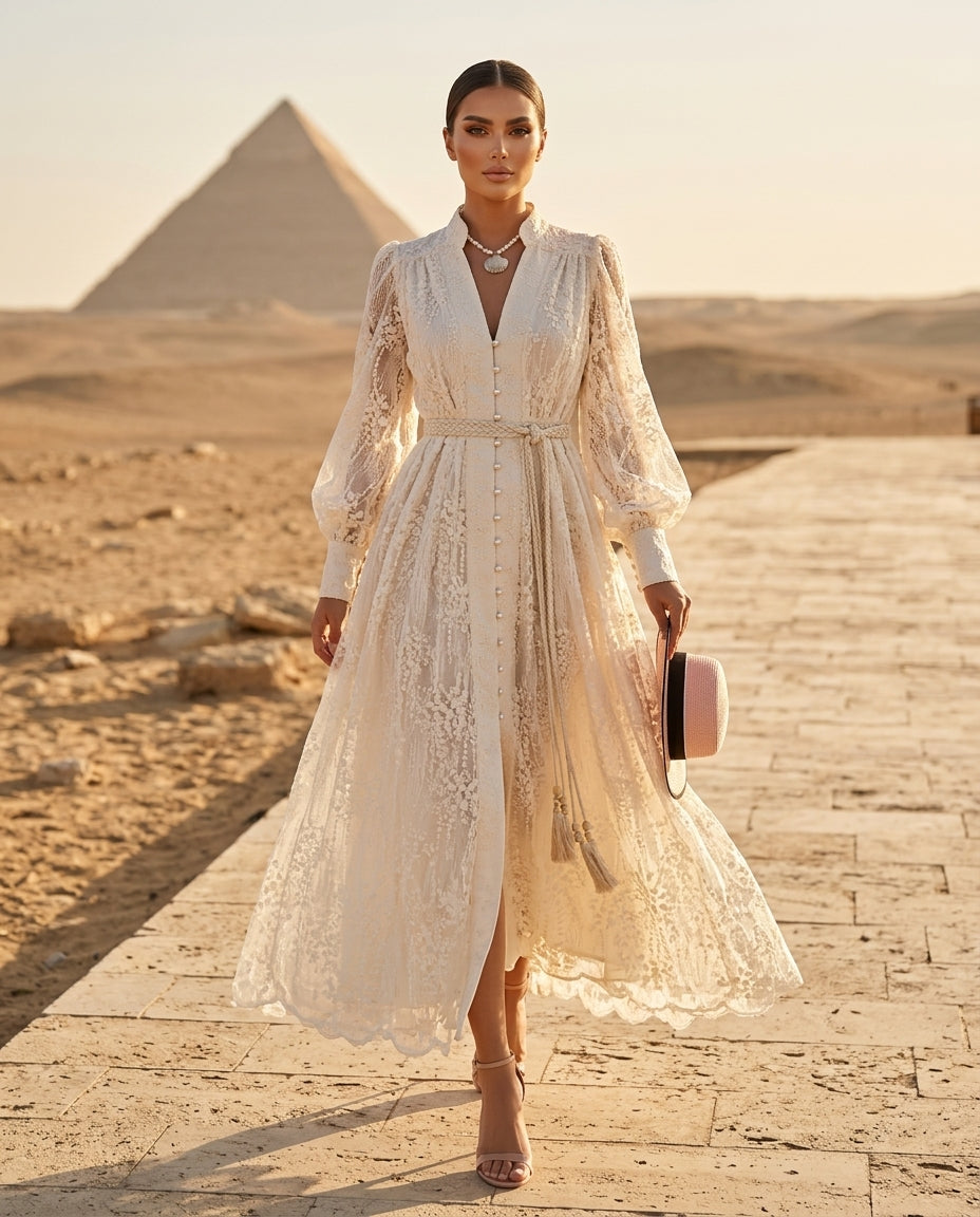 Lace Tie Waist Long Sleeve Dress