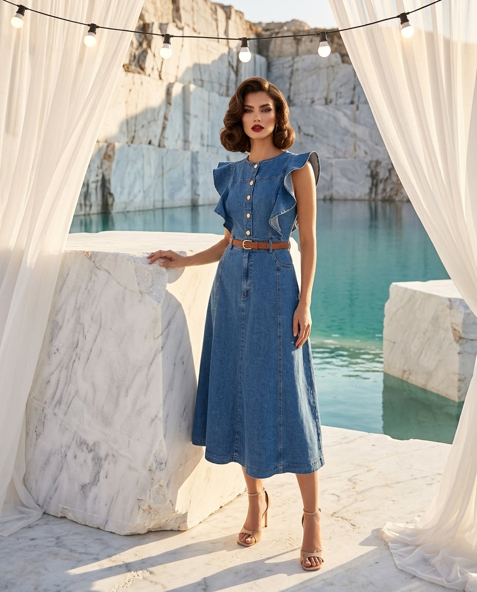 Ruffled Button Front Denim Dress