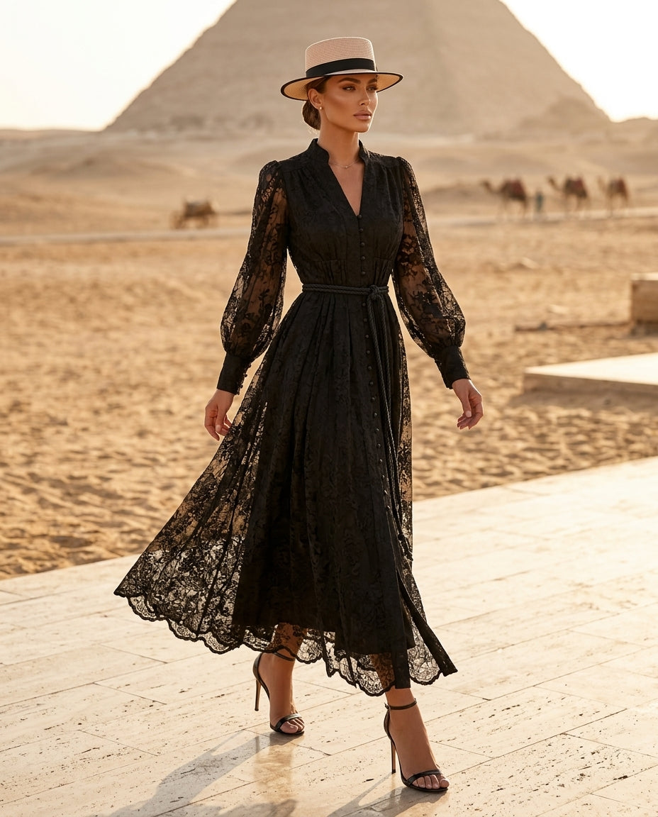 Lace Tie Waist Long Sleeve Dress