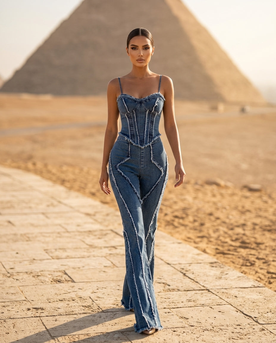 Raw Hem Denim Cami and Flare Jeans Set