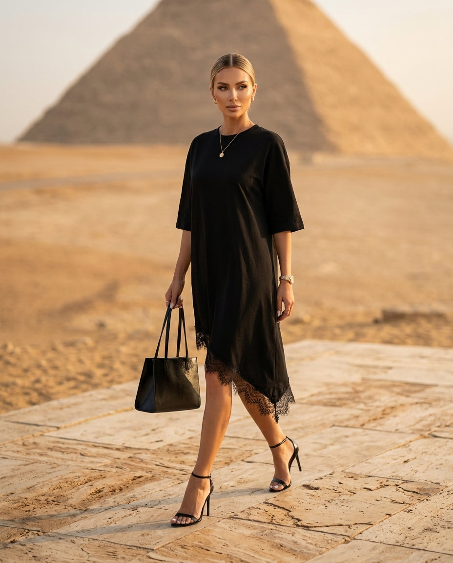 Lace Trim Asymmetrical Hem T-shirt Dress