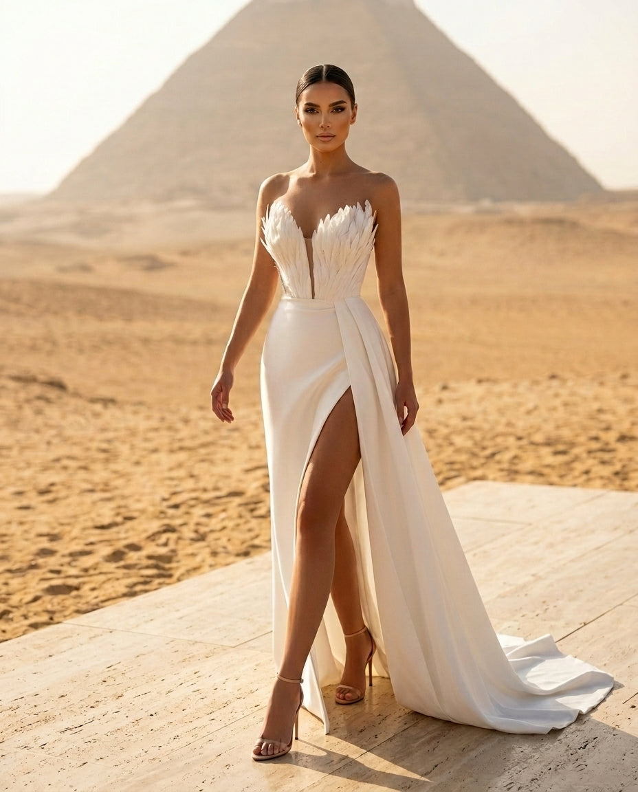 Feather Embellished Slit Maxi Dress