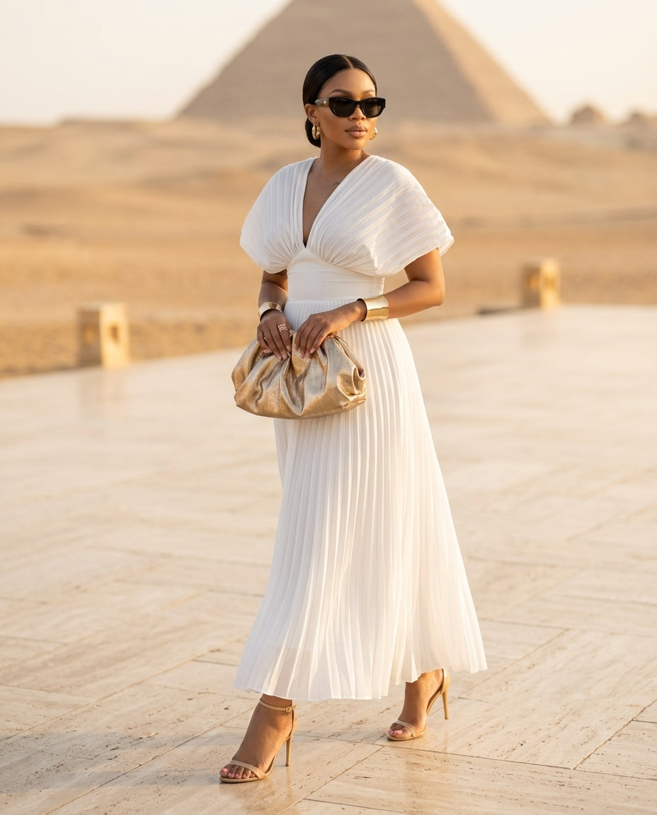 Pleated Cap Sleeve Midi Dress