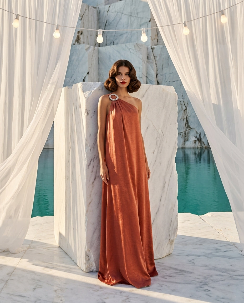 One-Shoulder Rhinestone Satin Maxi Dress