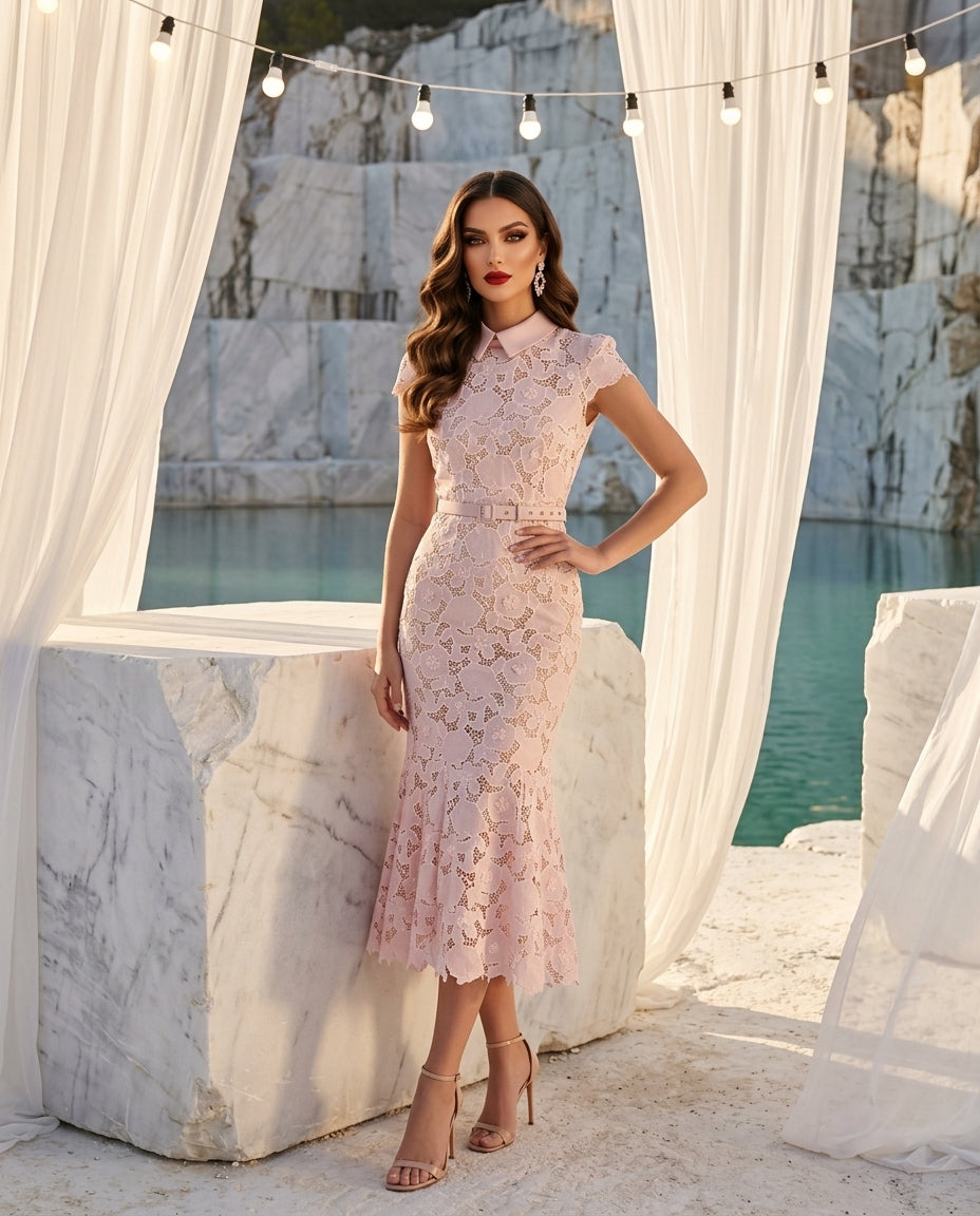 Floral Lace Short Sleeve Midi Dress