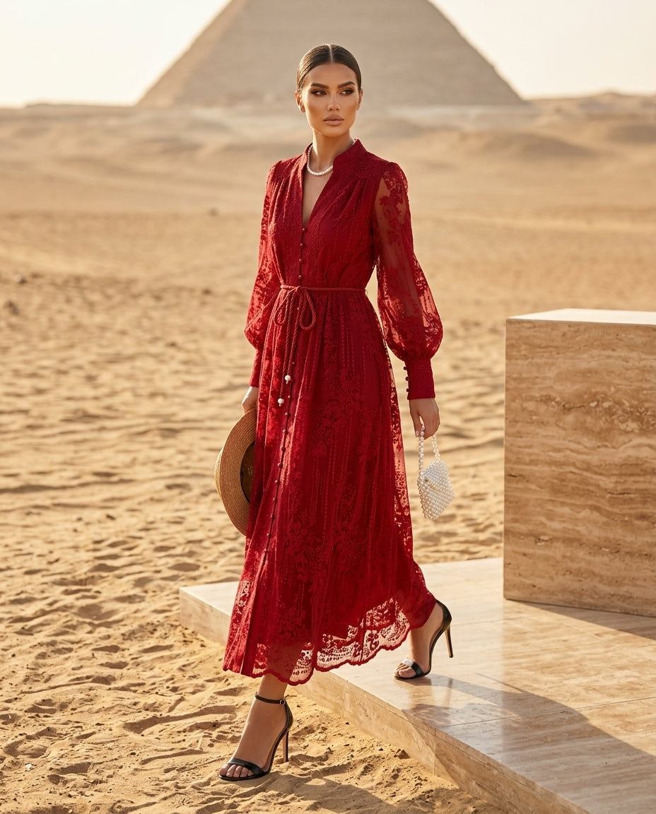 Lace Tie Waist Long Sleeve Dress