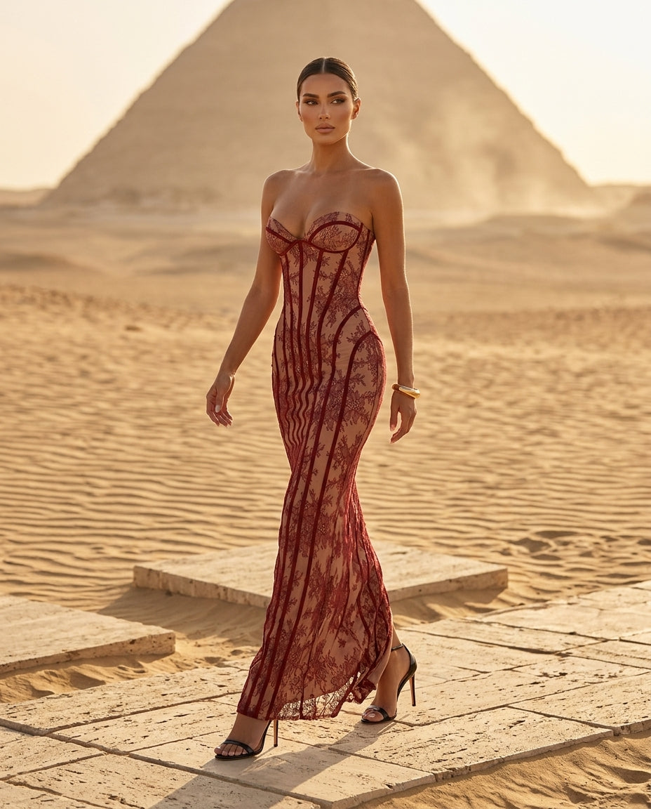 Lace Up Back Strapless Maxi Dress