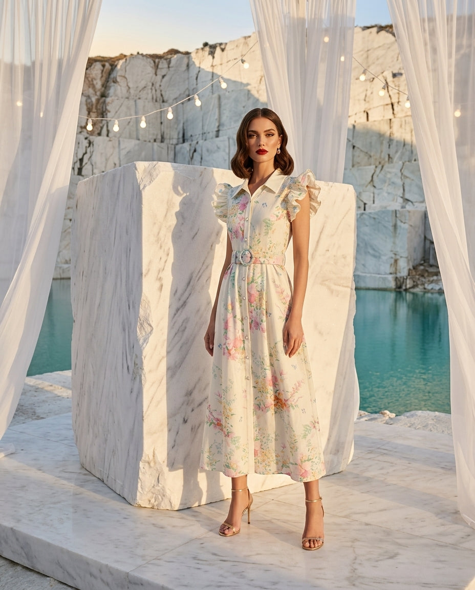 Floral Print Ruffle Sleeve Midi Dress