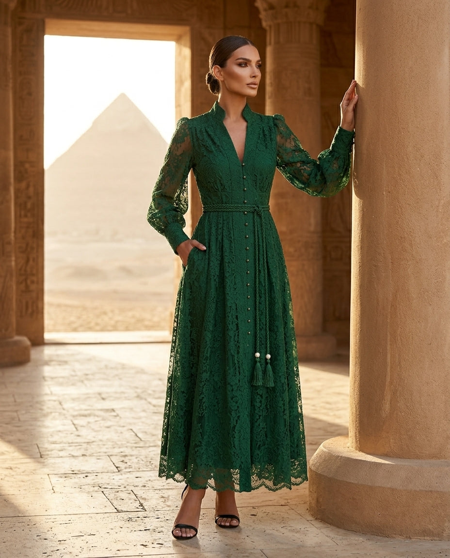 Lace Tie Waist Long Sleeve Dress