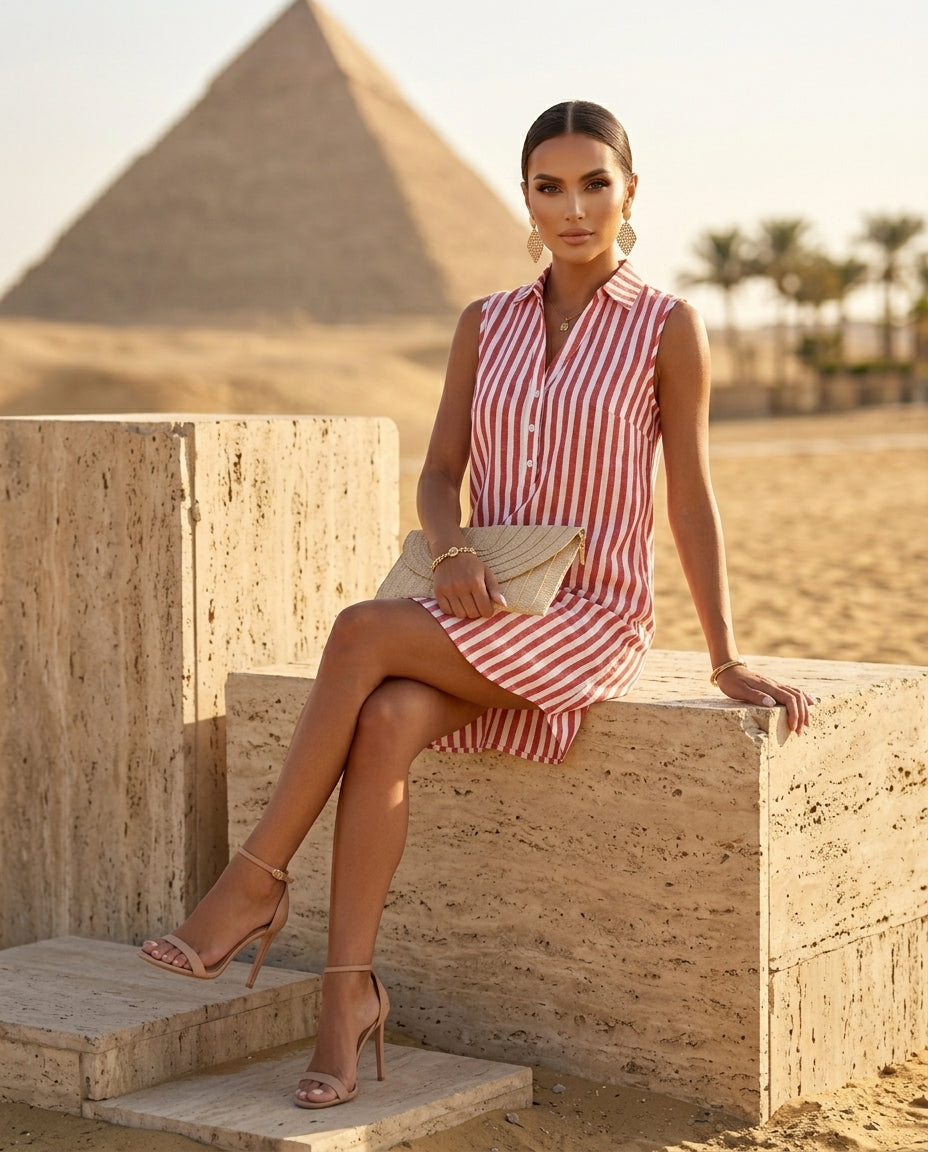 Sleeveless Striped Button Detail Shirt Dress