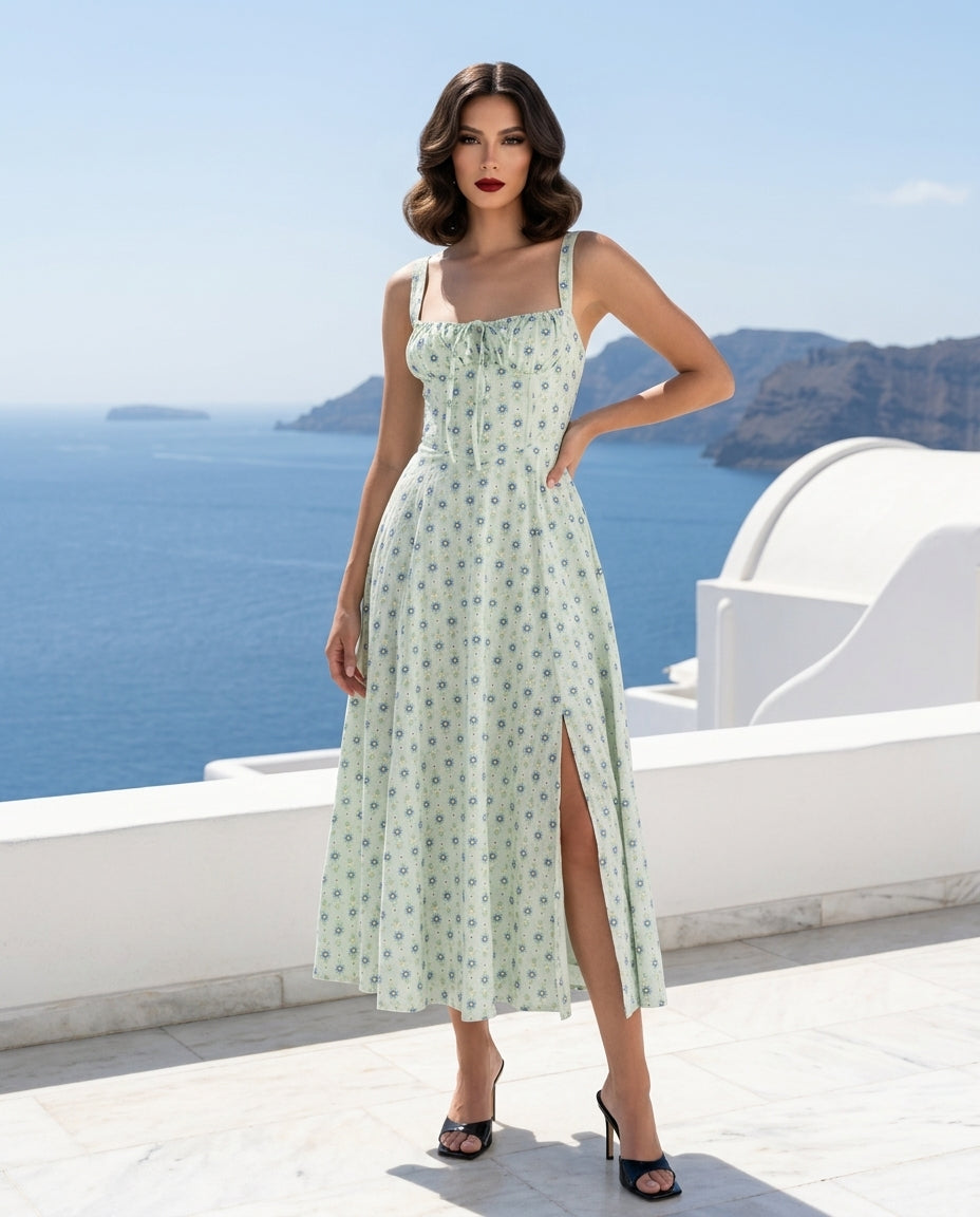 MABLE Floral Print Bustier Back Lace Up Midi Dress
