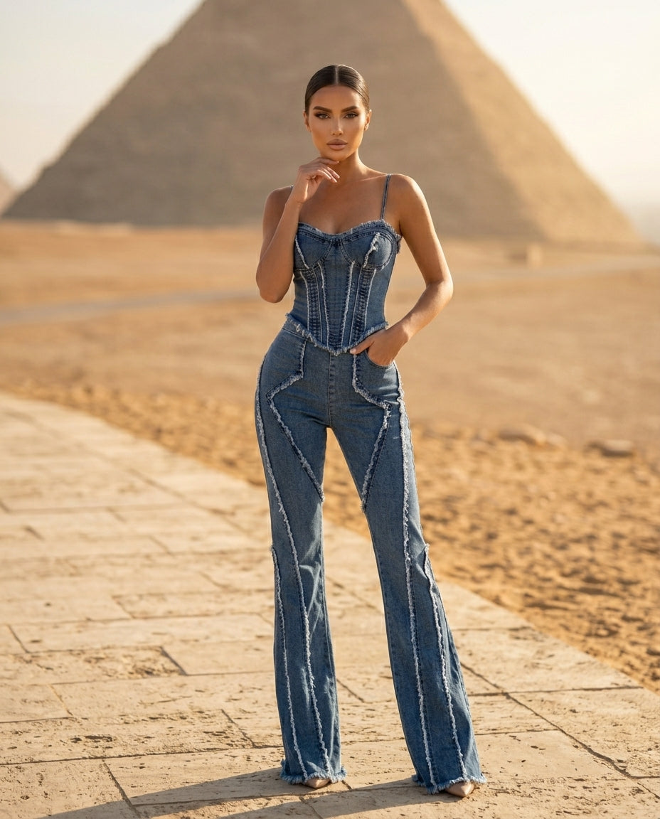 Raw Hem Denim Cami and Flare Jeans Set