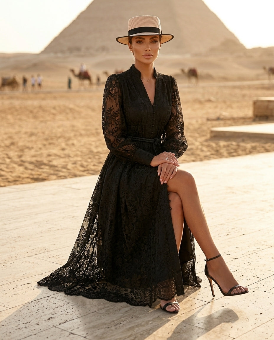 Lace Tie Waist Long Sleeve Dress