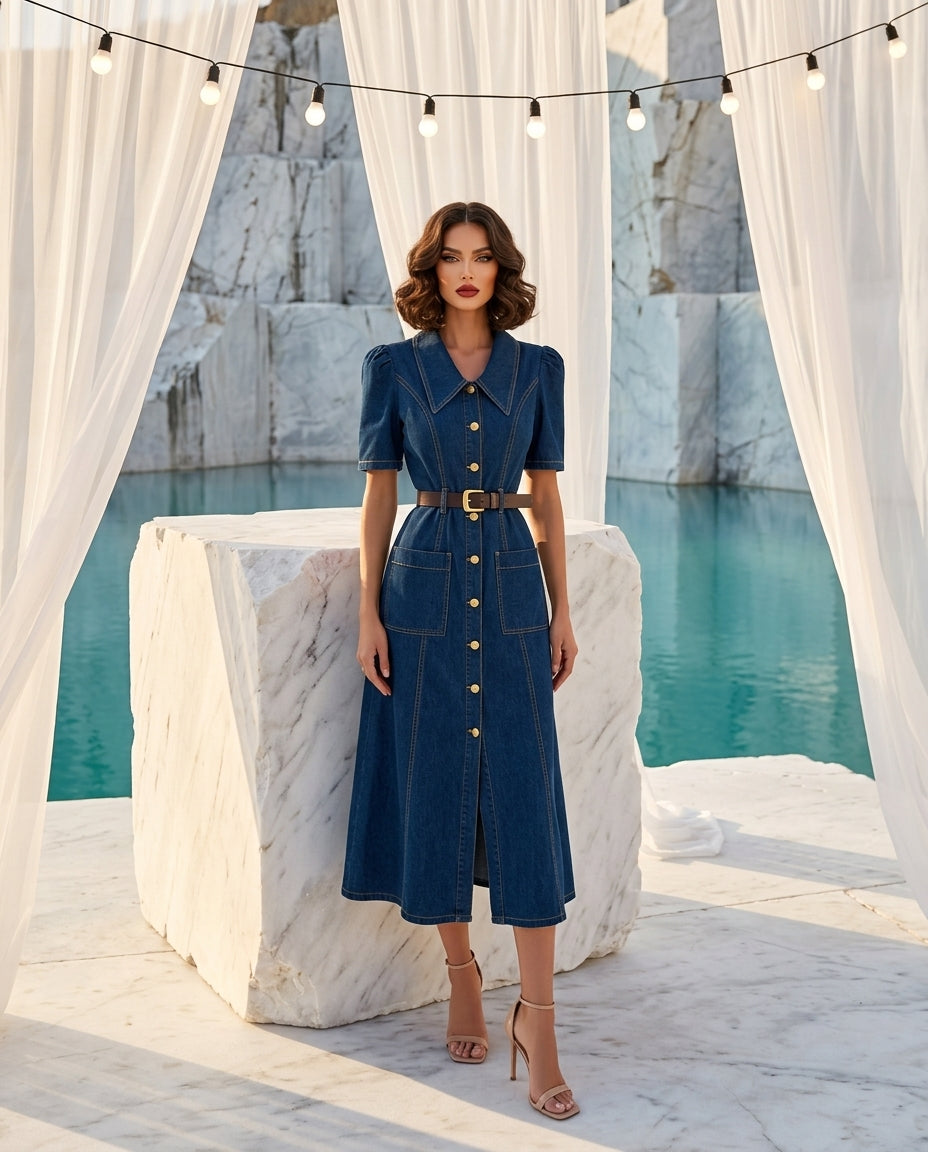 Button Front Short Sleeve Denim Dress