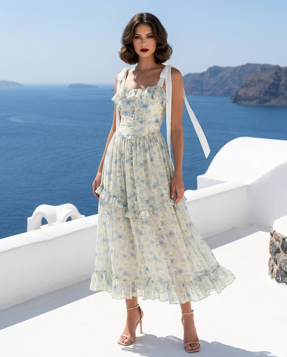 MABLE Floral Printed Shoulder Strap Midi Dress