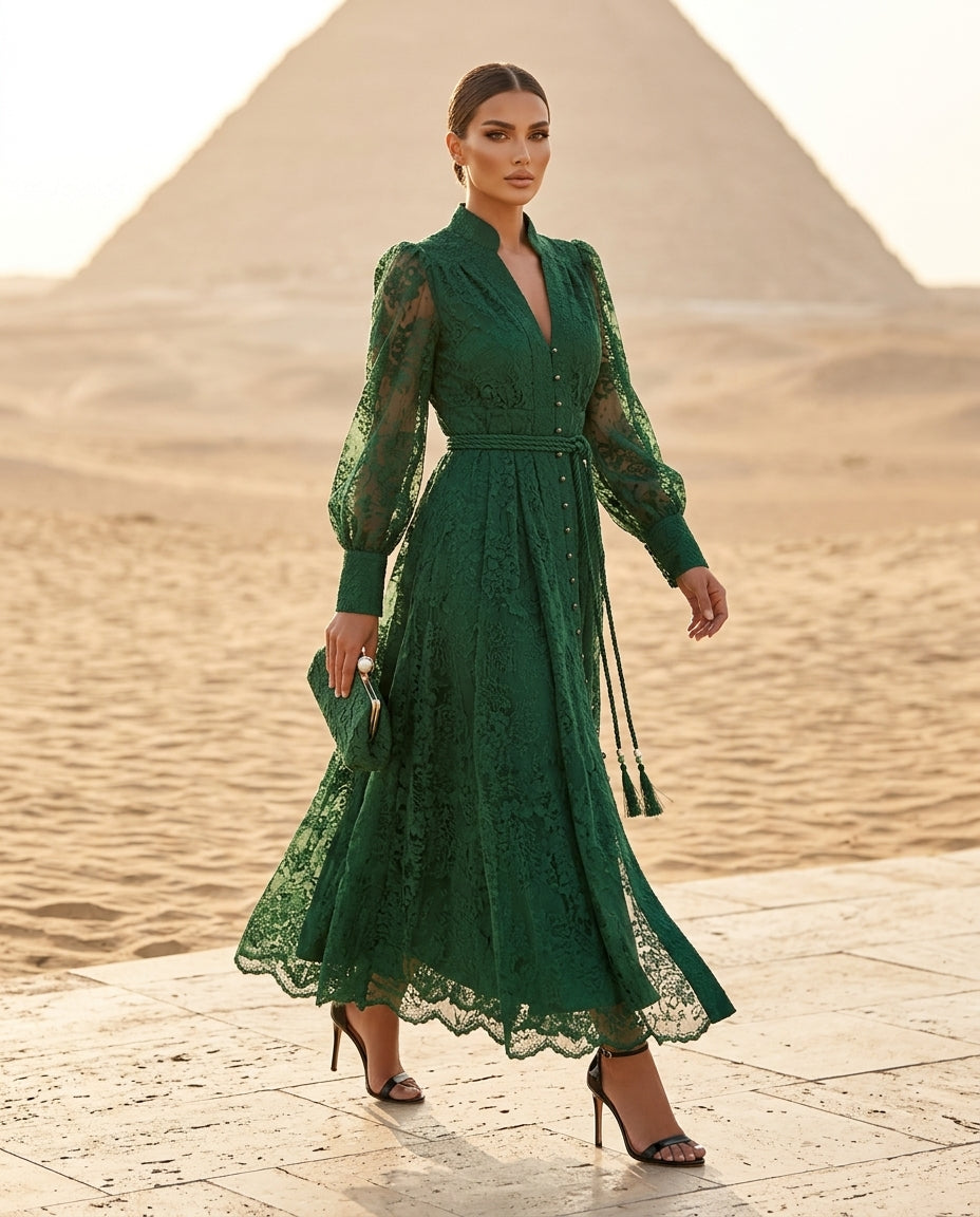 Lace Tie Waist Long Sleeve Dress