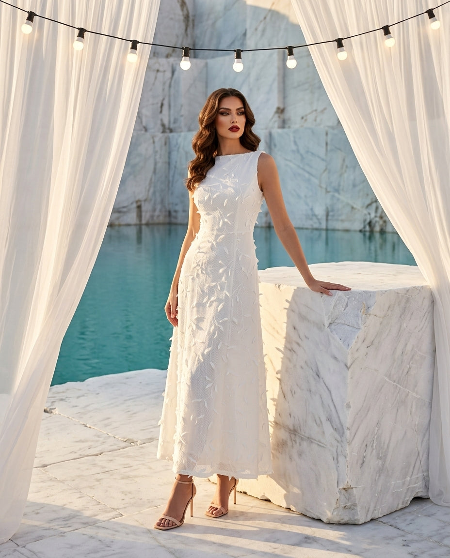 Sleeveless Floral Applique Midi Dress
